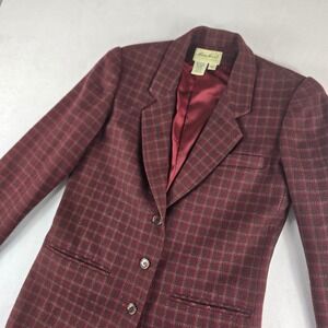 Vintage Eddie Bauer Women's Plaid Wool Blazer Size Small Burgundy‎ Brown Lined